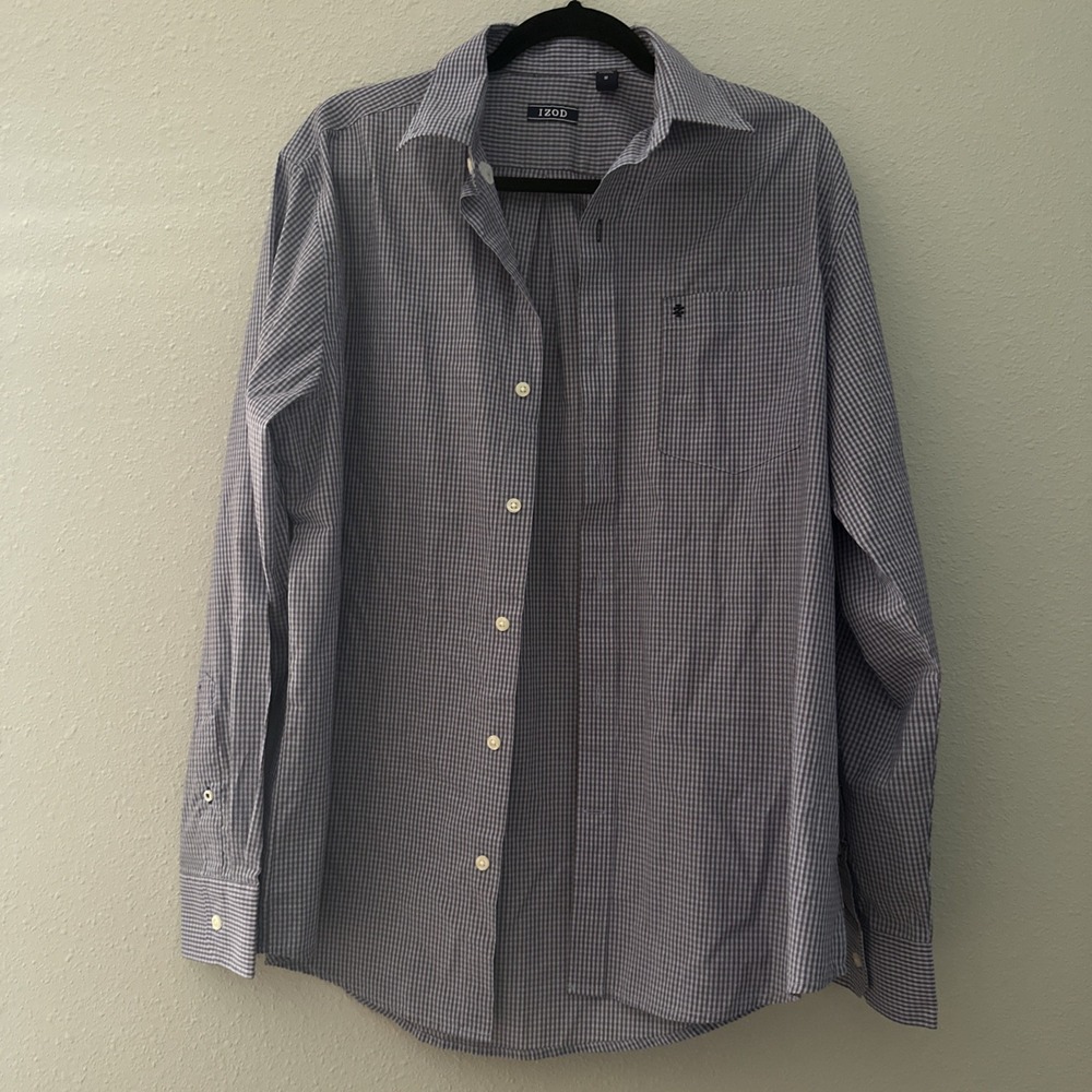 IZOD Men's Medium Blue Brown Check Long Sleeve Button Down Shirt